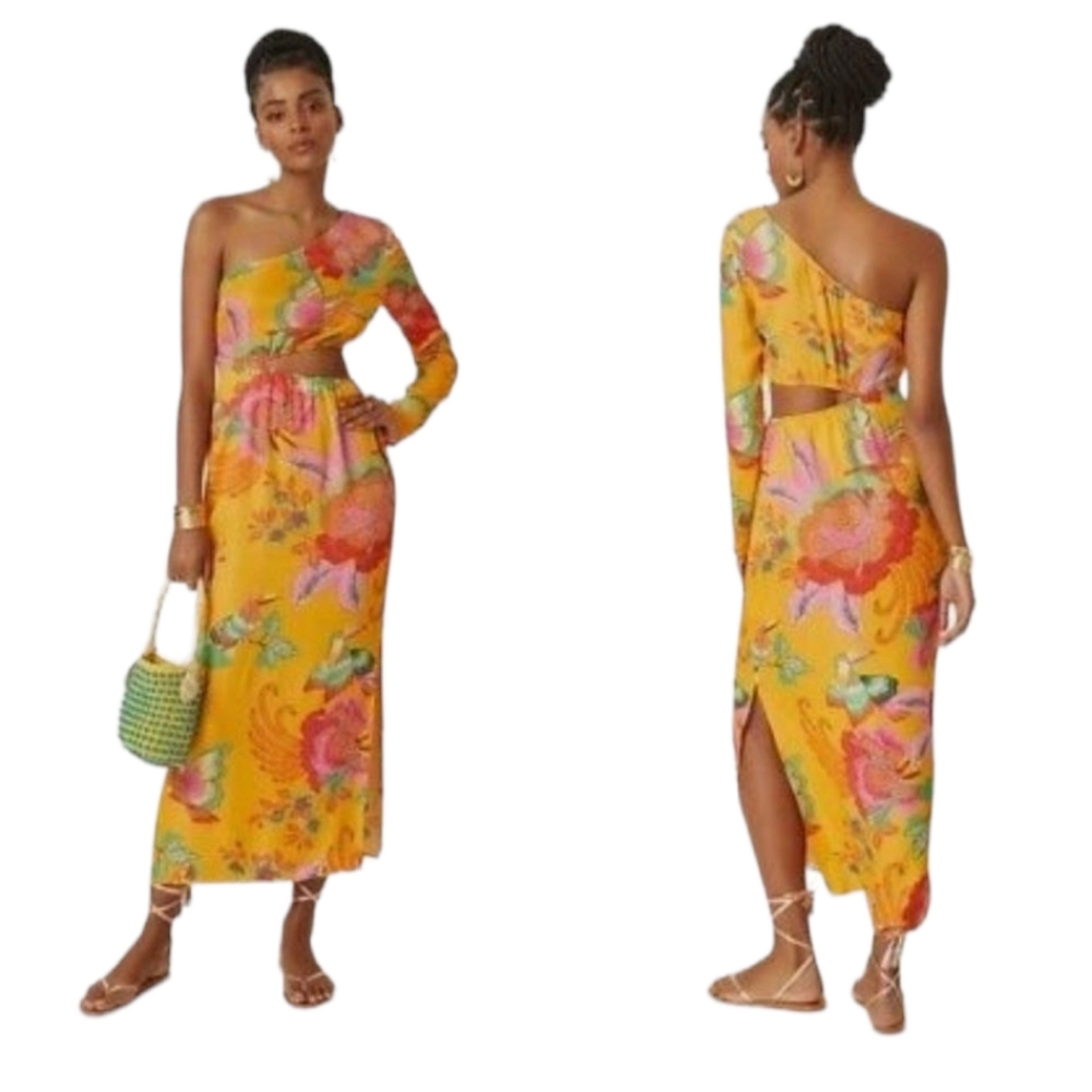 Farm Rio Orange One Shoulder Cut Out Maxi Dress Size Small